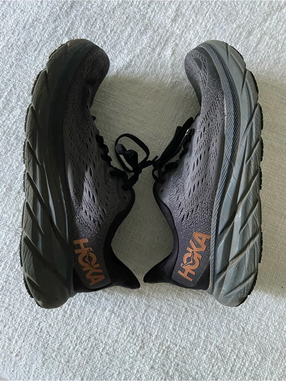 Hoka Clifton 8 Black and Grey Sneakers with Copper Accent Size 9B